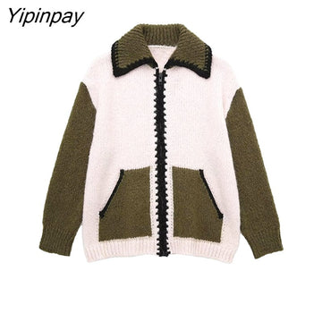 Yipinpay 2023 Autumn Women Patchwork Knitted Sweater Coat Warm Zipper Cardigan Turn Down Collar Long Sleeve Chic Soft Tops